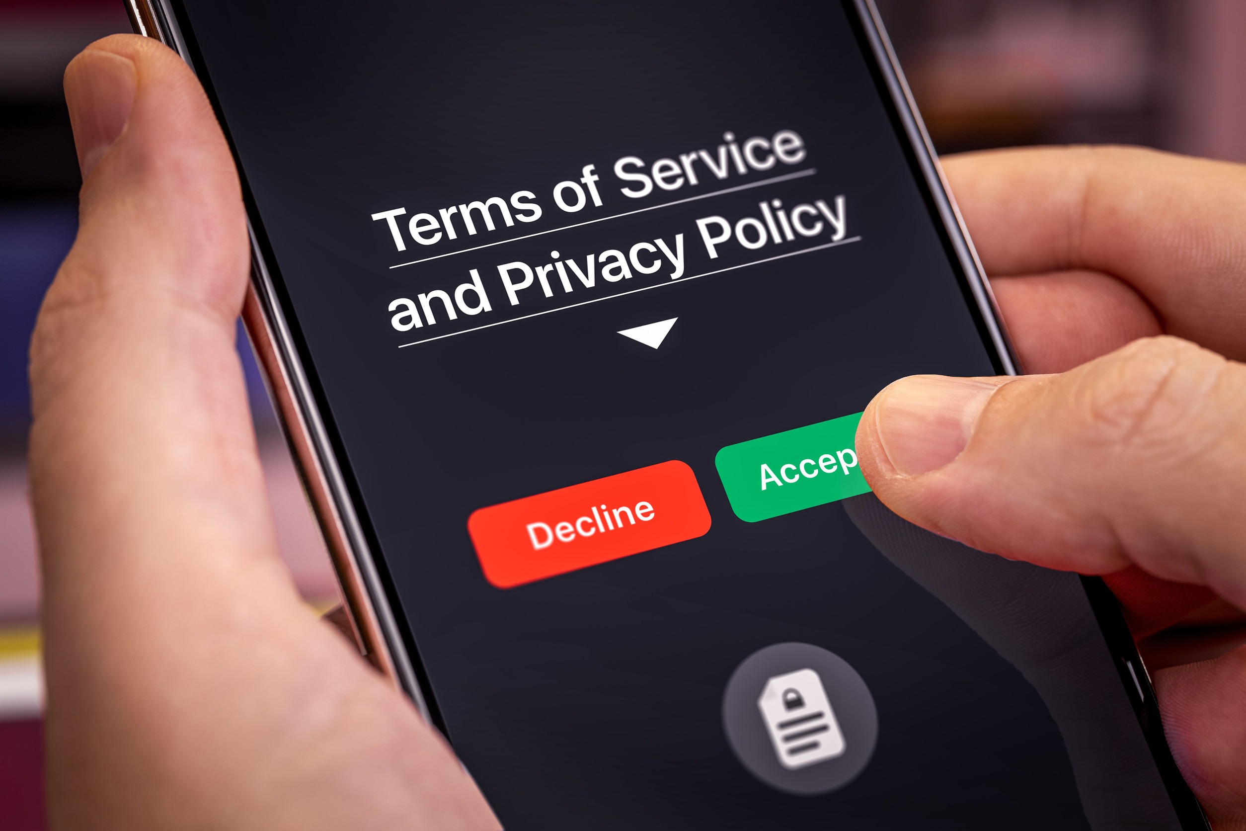 Man agreegin to Privacy policy and terms of service on smart phone